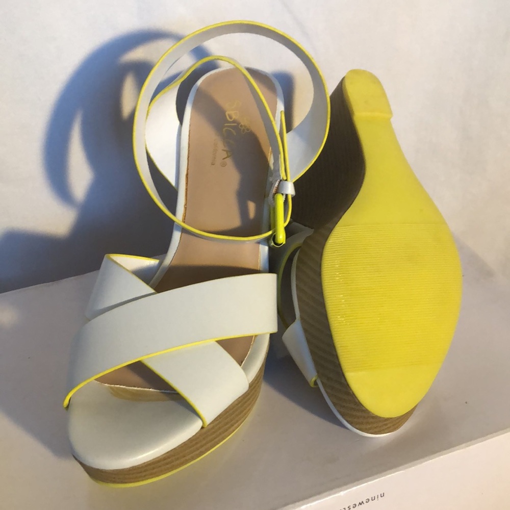 NWOB Sbicca wedge platform sandals. White with yellow accents and buckle.